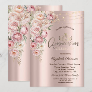 Invitación Tiara, Luces de Cadena Rosas Rosadas Quinceañera