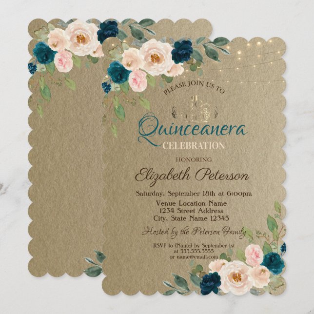 Invitación Tiara, Luces de Cadenas de Flores Kraft Quinceañer (Anverso / Reverso)