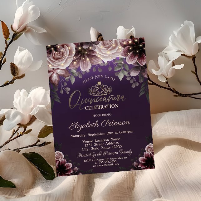 Invitación Tiara, Luces de Cadenas de Flores Moradas Quinceañ (Subido por el creador)