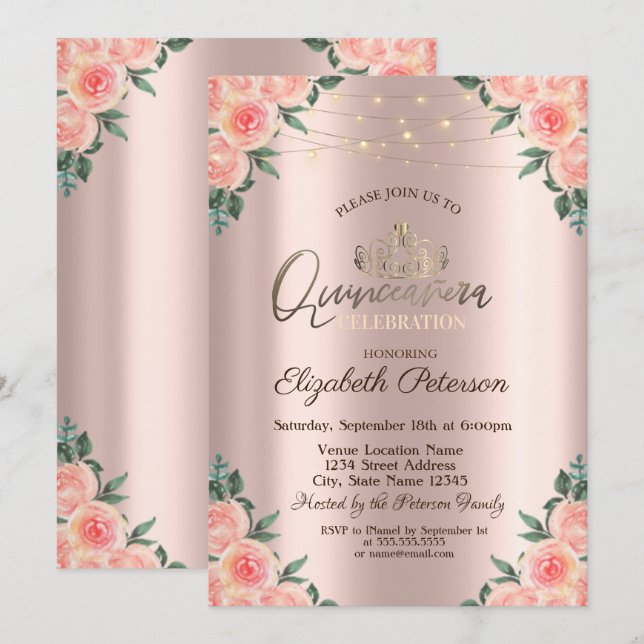 Invitación Tiara, Luces de Cadenas de Rosas Quinceañera (Anverso / Reverso)