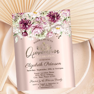 Invitación Tiara, Luces de Cadenas, Flores Rosadas Quinceañer