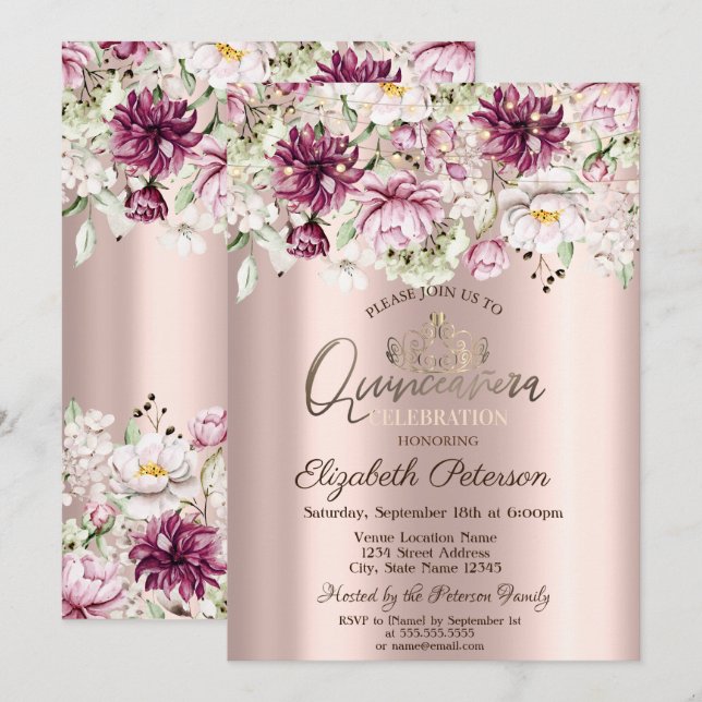 Invitación Tiara, Luces de Cadenas, Flores Rosadas Quinceañer (Anverso / Reverso)