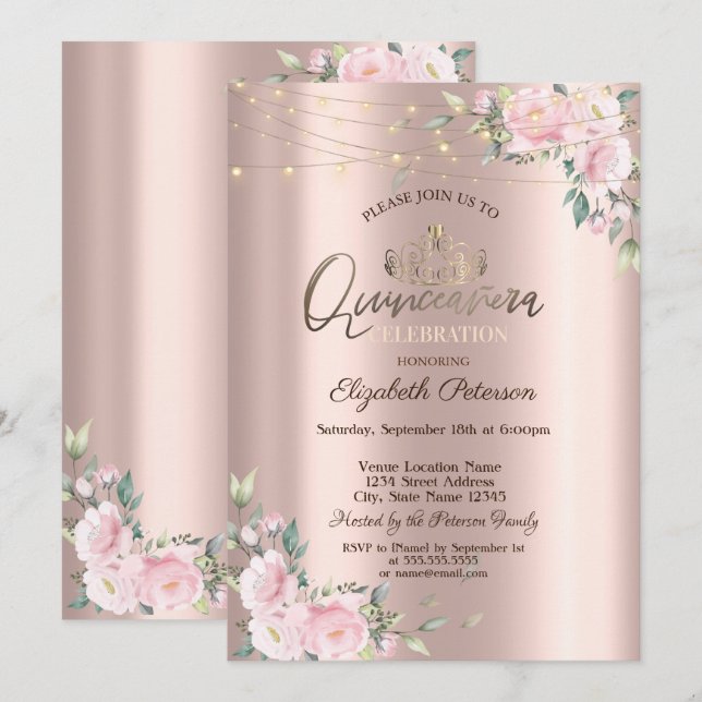 Invitación Tiara, Luces de Cadenas Flores Rosas Quinceañera (Anverso / Reverso)