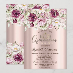 Invitación Tiara,Luces de cuerdas,Flores rosas Quinceañera