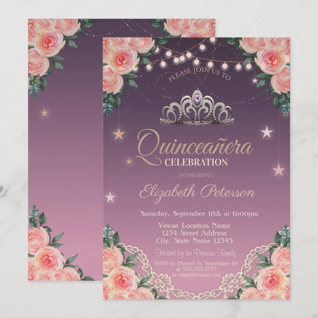 Invitación Tiara,Luces de cuerdas,Lace,Rosas Quinceañera (Anverso / Reverso)