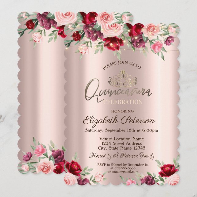 Invitación Tiara,Luces de cuerdas,Rosas, Quinceañera de oro R (Anverso / Reverso)