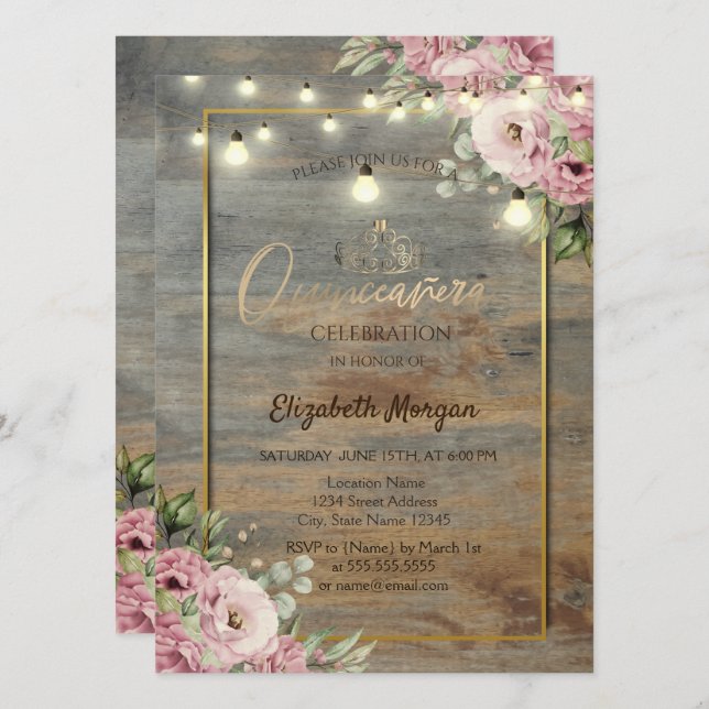 Invitación Tiara, Luces, Marco dorado de madera, Flores Quinc (Anverso / Reverso)