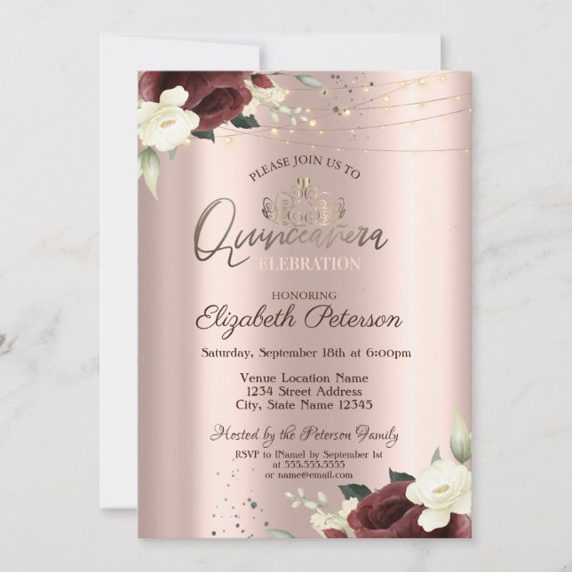 Invitación Tiara, Luces, Rosas de Borgoña, Quinceañera de oro (Anverso)
