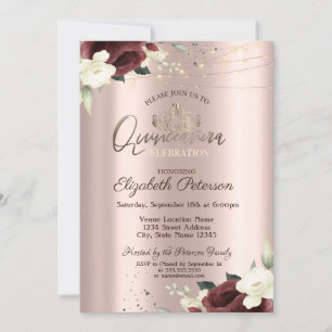 Invitación Tiara, Luces, Rosas de Borgoña, Quinceañera de oro