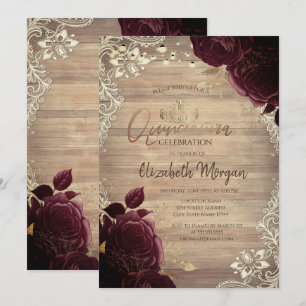 Invitación Tiara, Luces, Rosas de Lace Burgundy Quinceañera