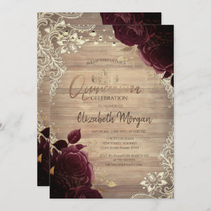 Invitación Tiara, Luces, Rosas de Madera Borgoña Lace Quincea