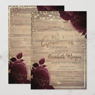 Invitación Tiara, Luces, Rosas de Madera Borgoña Quinceañera