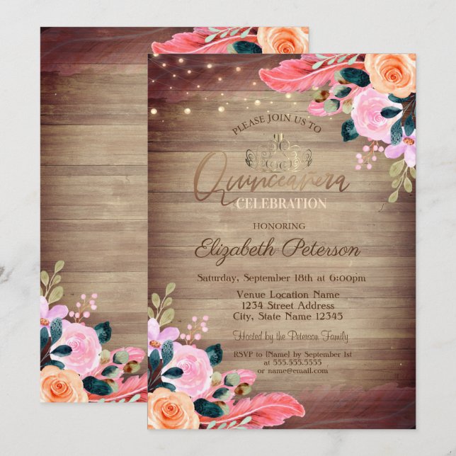 Invitación Tiara, Madera de plumas florales Quinceañera (Anverso / Reverso)