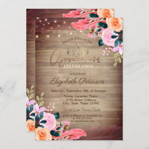 Invitación Tiara, Madera de plumas florales Quinceañera