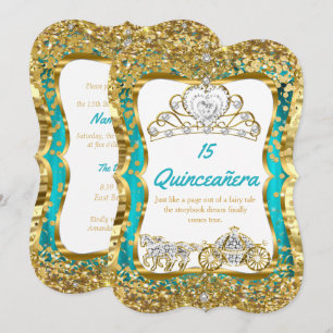 Invitación Tiara Mágica Quinceañera Azul Turquesa Dorado 2