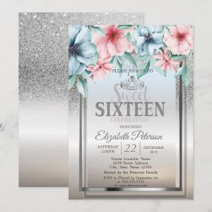 Invitación Tiara, Marco Plata Brillo Bokeh Floral Dulce 16