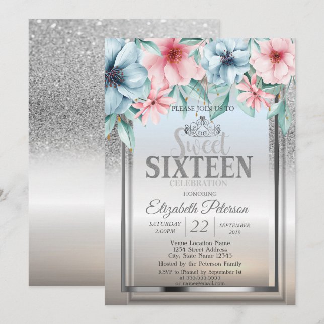 Invitación Tiara, Marco Plata Brillo Bokeh Floral Dulce 16 (Anverso / Reverso)