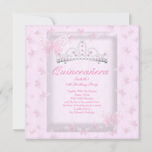 Invitación Tiara Mariposas Rosa Bonito para Fiesta de Quincea
