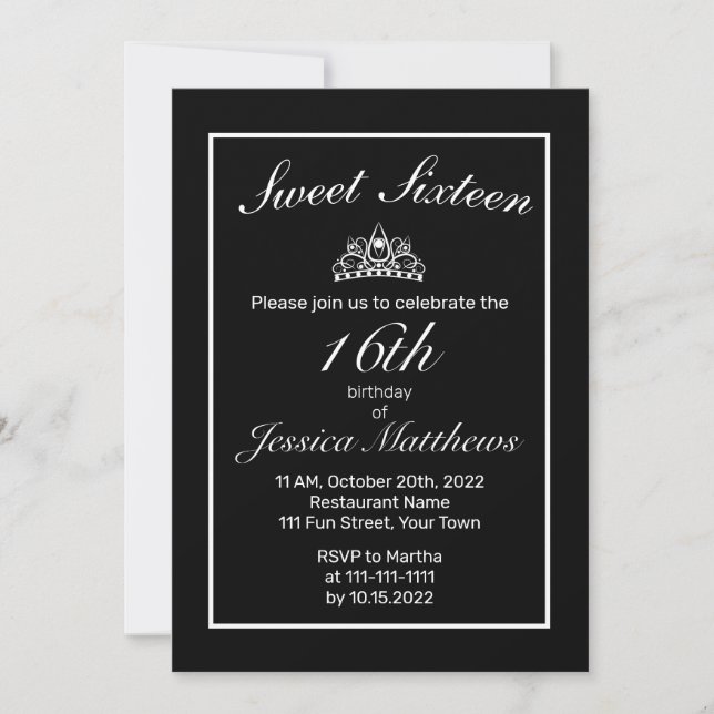 Invitación Tiara Minimalista moderno negro dulce 16 (Anverso)