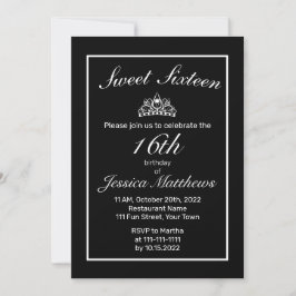 Invitación Tiara Minimalista moderno negro dulce 16
