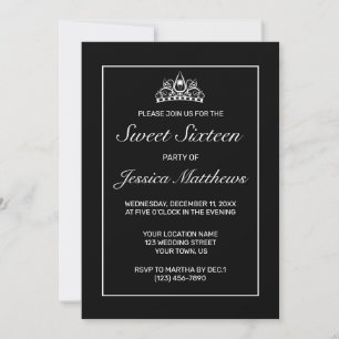 Invitación Tiara Minimalista moderno negro dulce 16