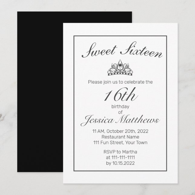 Invitación Tiara Minimalista moderno negro dulce 16 (Anverso / Reverso)