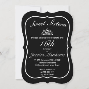 Invitación Tiara Minimalista moderno negro dulce 16