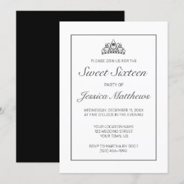 Invitación Tiara Minimalista moderno negro dulce 16