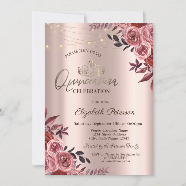Invitación Tiara, Moda de luces Rosas de Borgoña Quinceañera (Anverso)