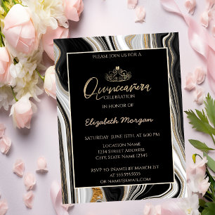 Invitación Tiara Moderna Elegante de Oro, Mármol Negro Dorado