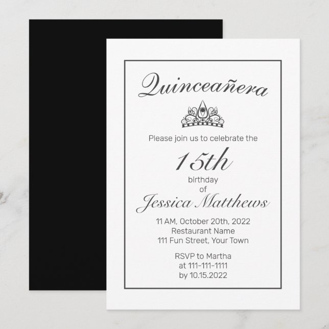 Invitación Tiara moderna Minimalista blanca Quinceañera (Anverso / Reverso)