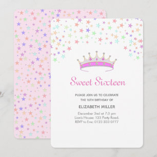 Invitación Tiara Moderna y Estrellas Multicolores Cumpleaños