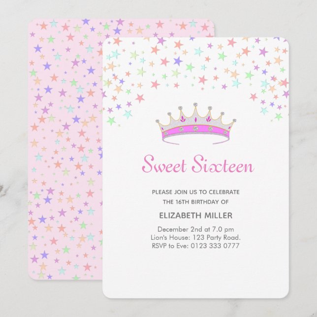 Invitación Tiara Moderna y Estrellas Multicolores Cumpleaños  (Anverso / Reverso)