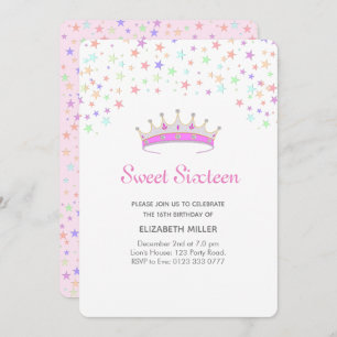 Invitación Tiara moderna y estrellas multicolores dulces diec