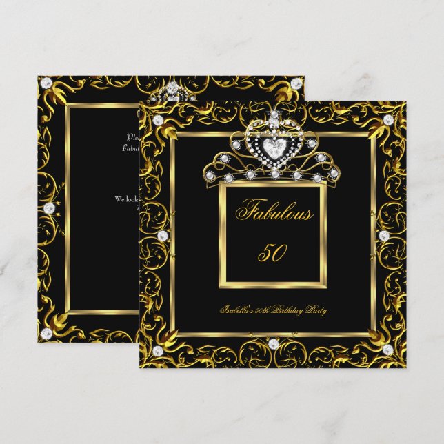Invitación Tiara Negra de Oro para Cumpleaños de 50 Fantástic (Anverso / Reverso)