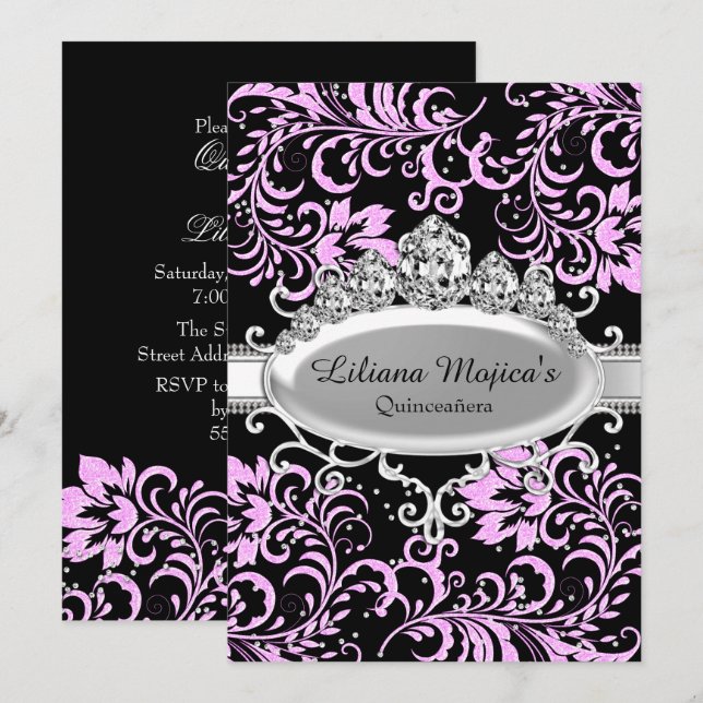 Invitación Tiara negra rosa y floral Purpurina Quinceanera (Anverso / Reverso)