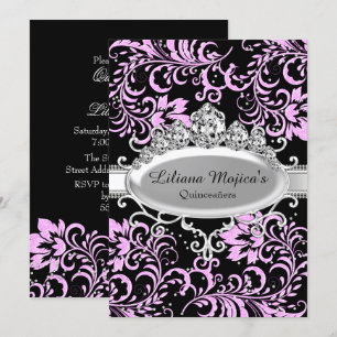 Invitación Tiara Negra Rosa y Quinceañera Floral con Brillo