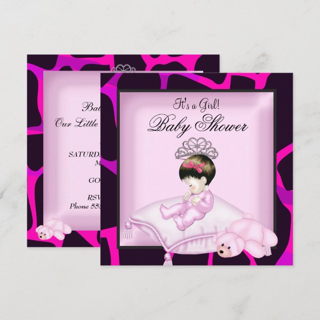 Invitación Tiara negro rosado caliente Chica de Baby Shower (Anverso / Reverso)