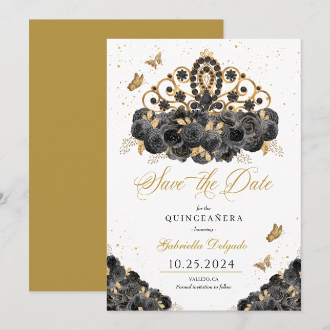 Invitación Tiara Negro y Oro Salven La Fecha Quinceañera (Anverso / Reverso)