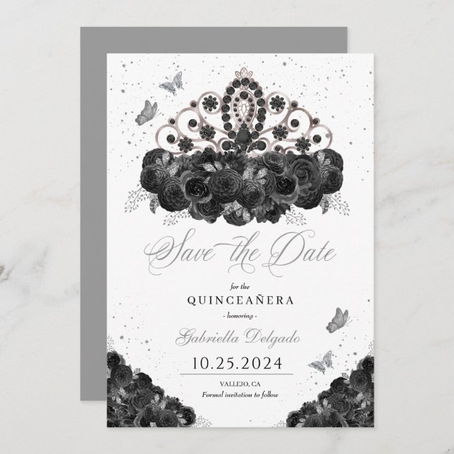 Invitación Tiara negro y plata salven la fecha Quinceañera (Anverso / Reverso)