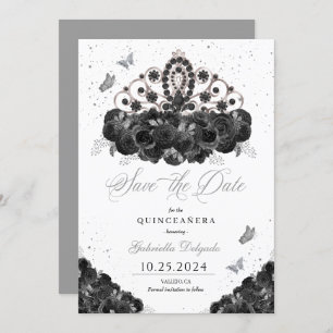 Invitación Tiara negro y plata salven la fecha Quinceañera