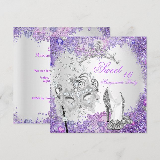 Invitación Tiara para fiesta de disfraz de Dulces Dieciséis 1 (Anverso / Reverso)