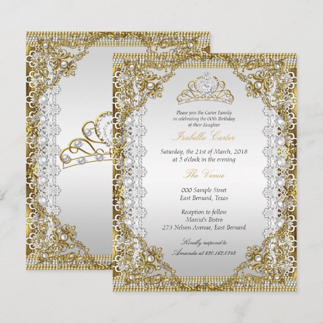 Invitación Tiara Perla Oro Blanco Encaje Damasco Fiesta de Cu (Anverso / Reverso)