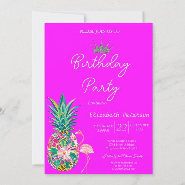 Invitación Tiara Pineapple Pink Flamingos Neon Pink Birday (Anverso)