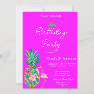 Invitación Tiara Pineapple Pink Flamingos Neon Pink Birday