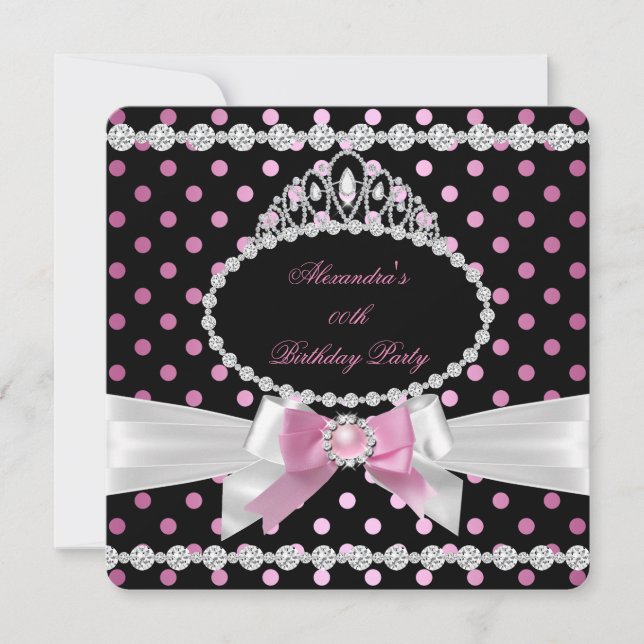 Invitación Tiara Pink Black White Polka Dots Fiesta de cumple (Anverso)
