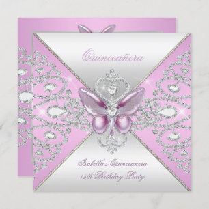 Invitación Tiara Pink Butterfly Quinceanera 15.ª Fiesta