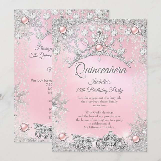 Invitación Tiara Pink Quinceanera 15.ª portadora de invierno (Anverso / Reverso)