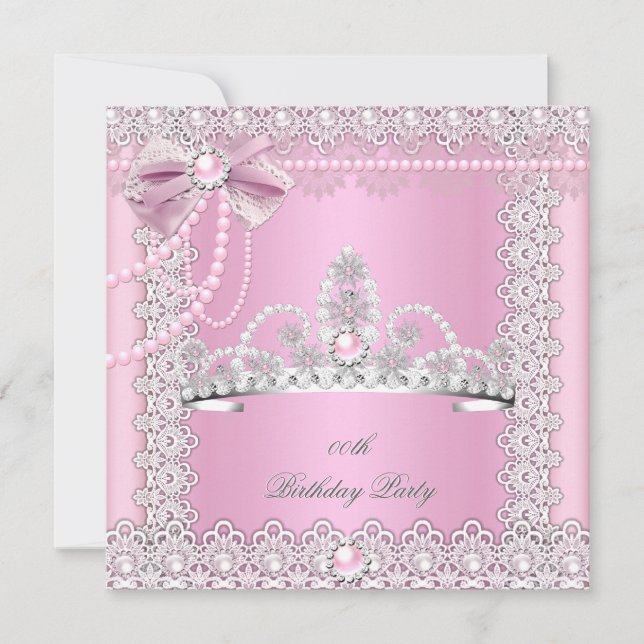 Invitación Tiara Pink White Pearls Lace Bow Fiesta de cumplea (Anverso)