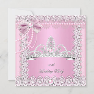 Invitación Tiara Pink White Pearls Lace Bow Fiesta de cumplea